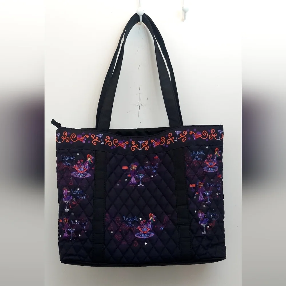 The Bradford Exchange Totes with Tude Quilted Black Purple Wine Glasses Tote Bag